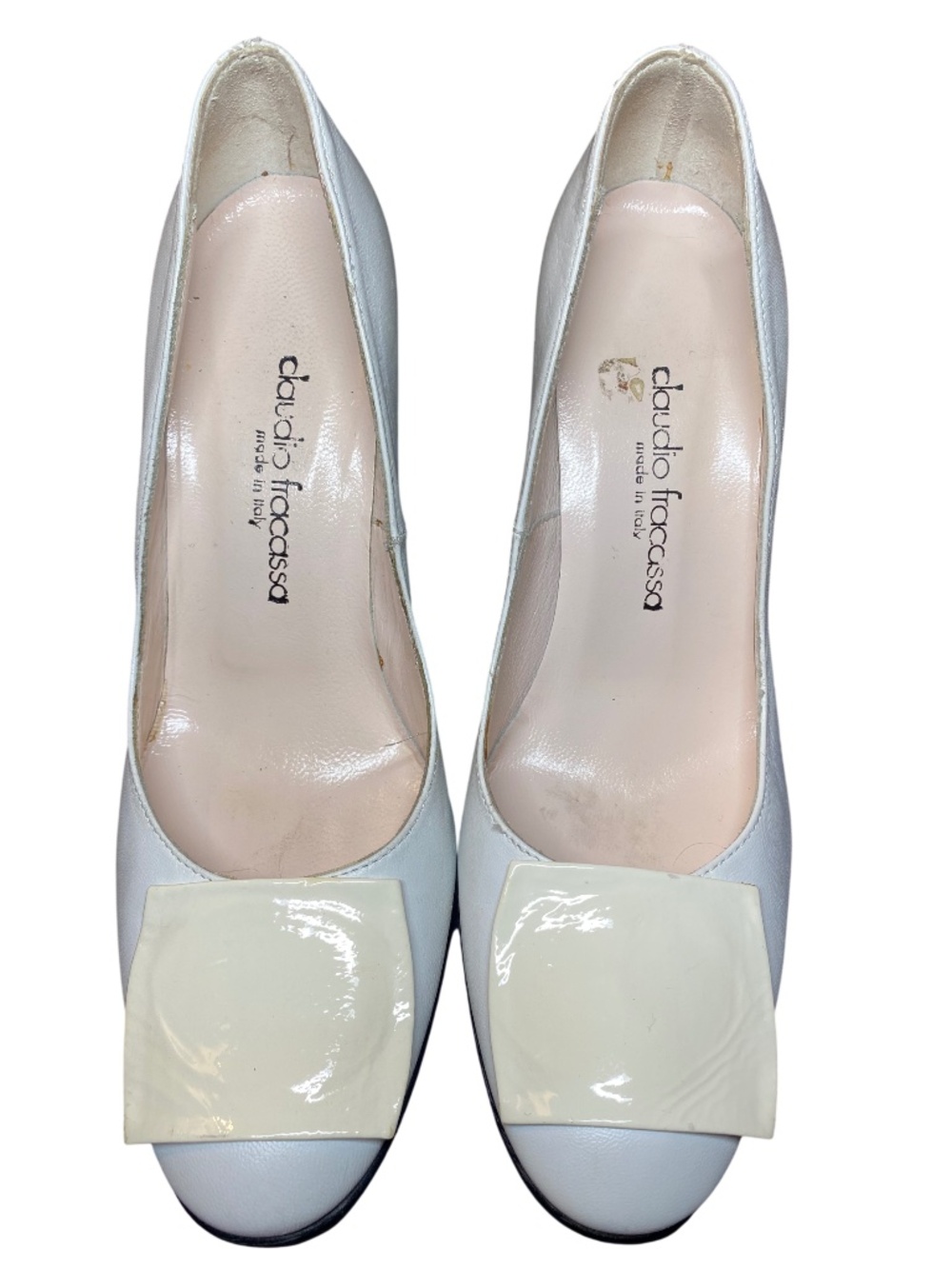 Vintage Claudio Fracassa Italy White Leather Patent Square Buckle Heels 37 7